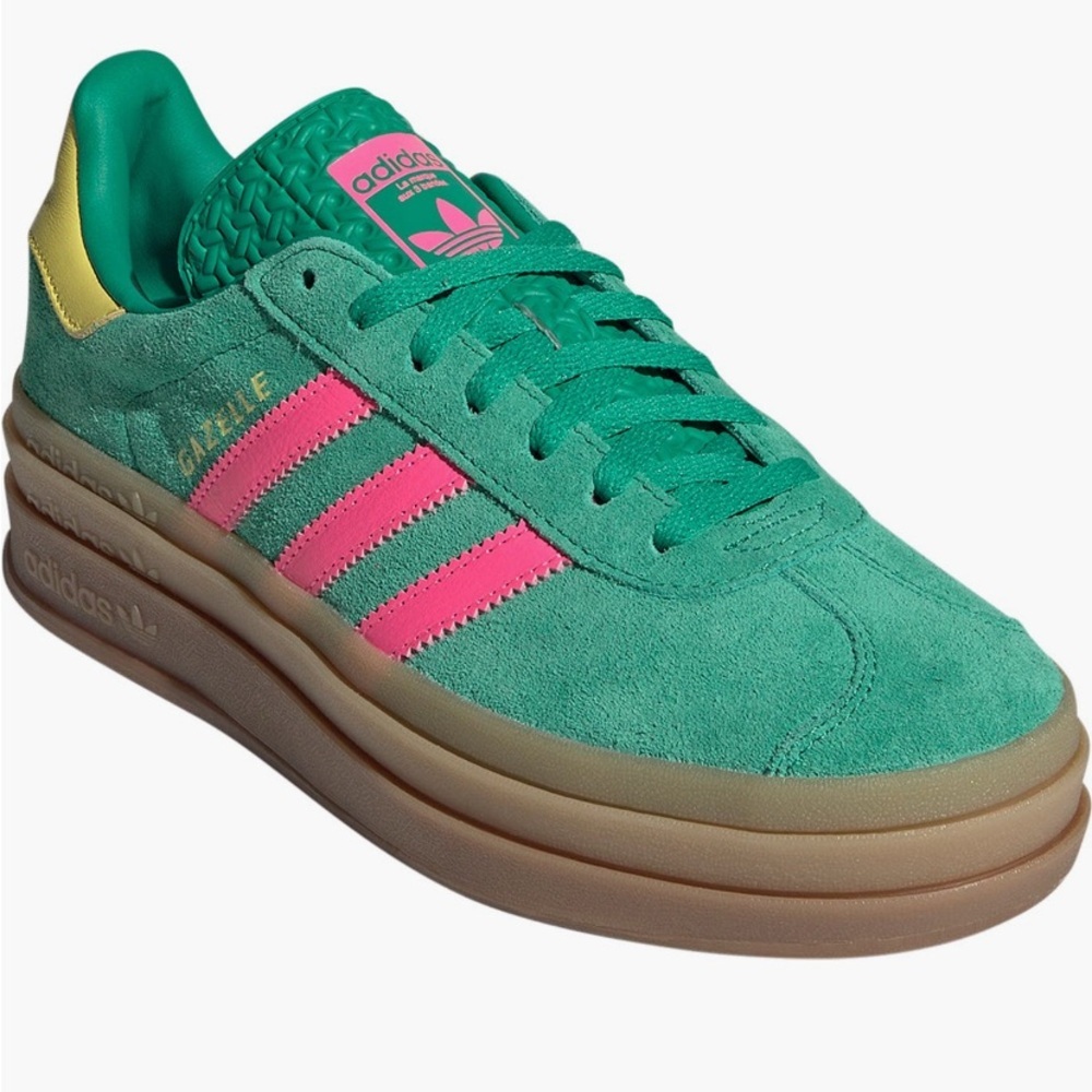 adidas Women's Green Suede Gazelle Sneakers with Pink Stripes